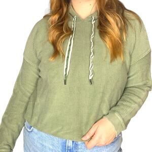 Aerie Green Ribbed Cropped Hoodie Pullover Sweatshirt Medium